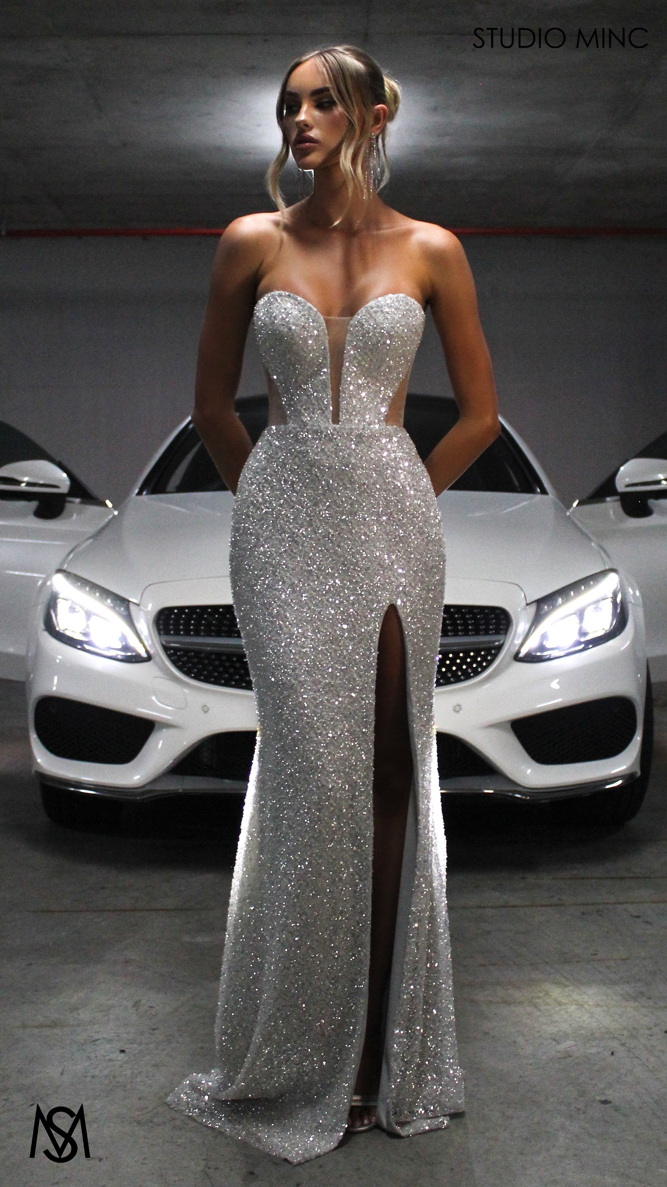 Luminous - Silver Formal Dress, Sequin beaded strapless corset net cut out backless lace up mermaid fishtail leg slit