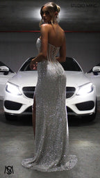 Luminous - Silver Formal Dress, Sequin beaded strapless corset net cut out backless lace up mermaid fishtail leg slit