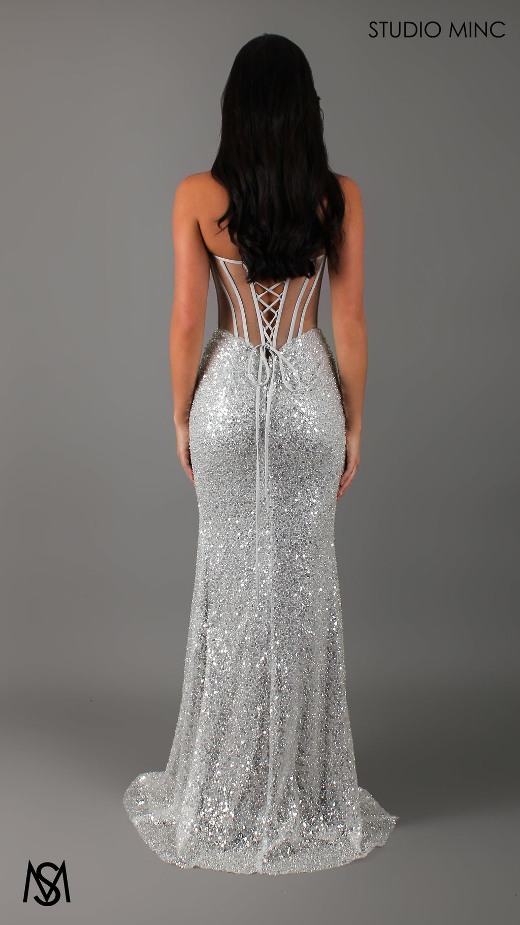 Luminous - Silver Formal Dress, Sequin beaded strapless corset net cut out backless lace up mermaid fishtail leg slit
