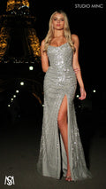Mirage - Silver Formal Dress, Sparkly Strapless embellished Corset, fitted high leg slit
