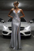 Starlight - Silver Formal Dress, Rhinestone V Plunge Neckline Fitted Mermaid Leg Split