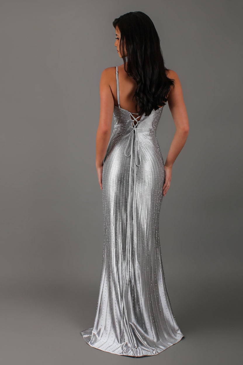 Starlight - Silver Formal Dress, Rhinestone V Plunge Neckline Fitted Mermaid Leg Split
