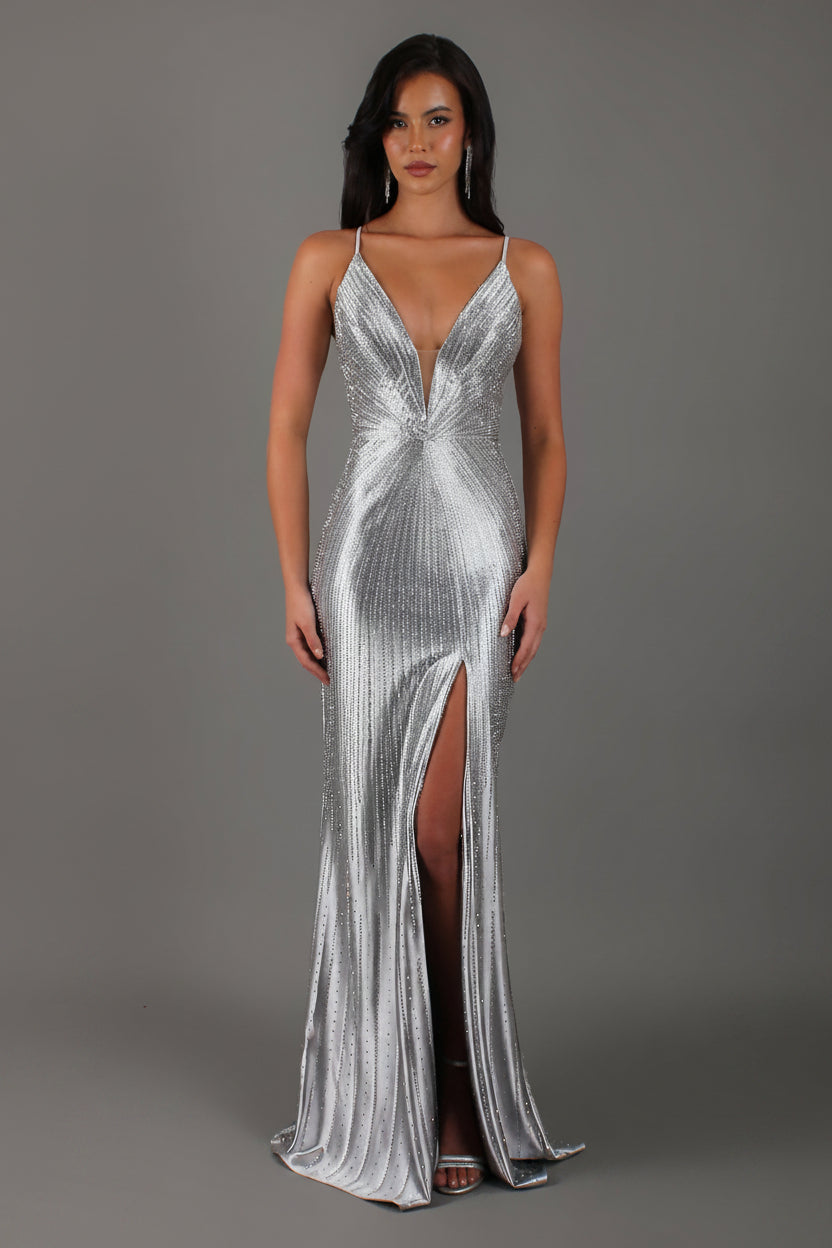 Starlight - Silver Formal Dress, Rhinestone V Plunge Neckline Fitted Mermaid Leg Split