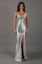 Starlight - Silver Formal Dress, Rhinestone V Plunge Neckline Fitted Mermaid Leg Split