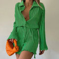 Simona Pleated Green Shirt Mini Dress