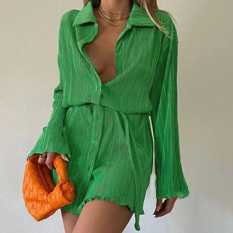 Simona Pleated Green Shirt Mini Dress