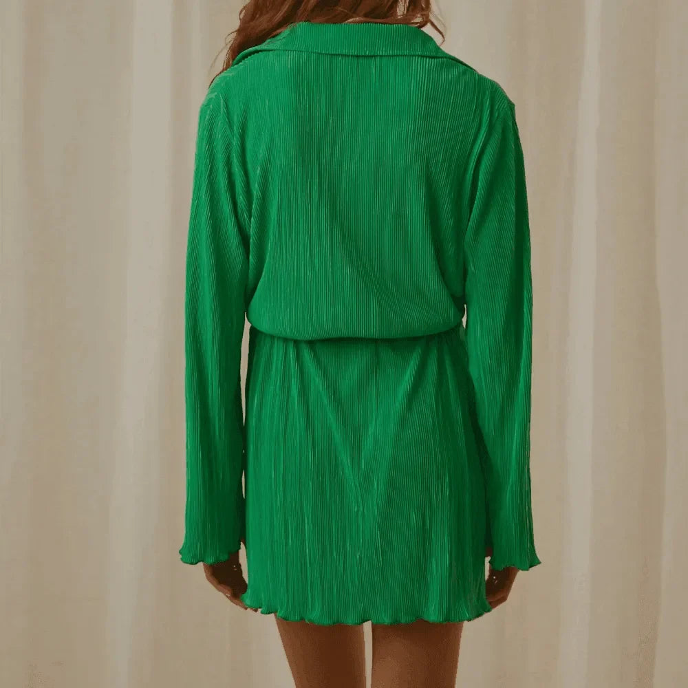 Simona Pleated Green Shirt Mini Dress