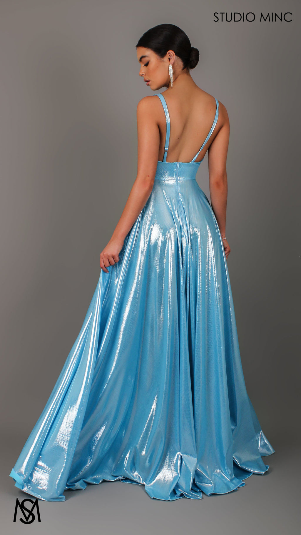 Lustre - Sky Baby Blue Formal Dress, Metallic V Plunge Neckline with leg Split
