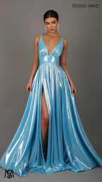 Lustre - Sky Baby Blue Formal Dress, Metallic V Plunge Neckline with leg Split