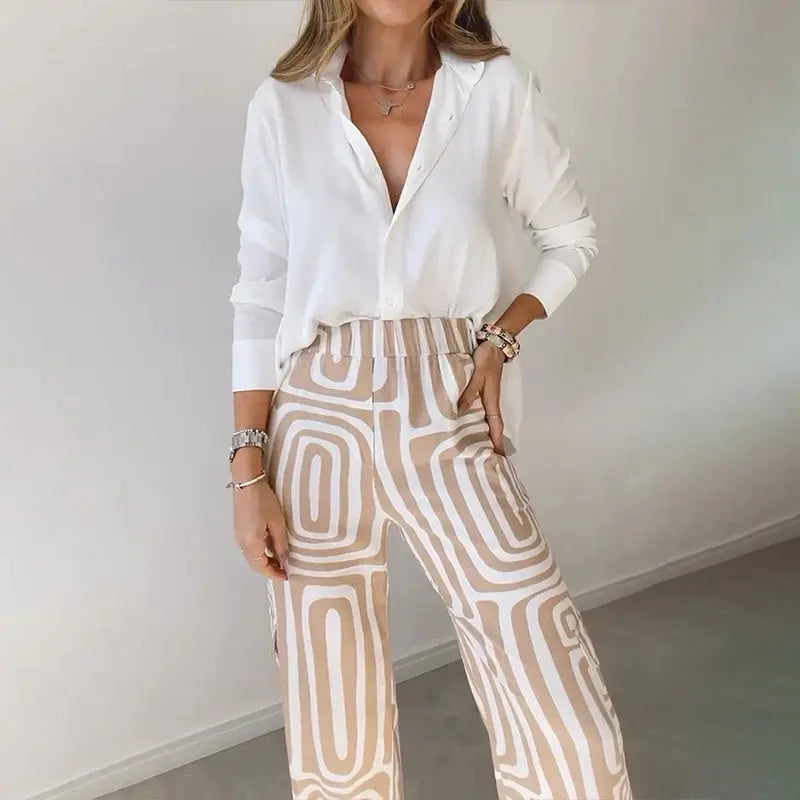 Women’s Two Piece Set – Shirt and Patterned Pants Matching Outfit Elegant Casual Set