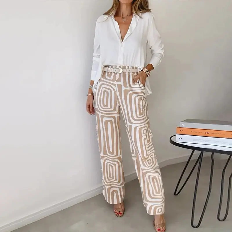 Women’s Two Piece Set – Shirt and Patterned Pants Matching Outfit Elegant Casual Set