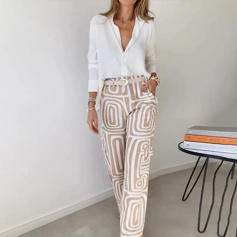 Women’s Two Piece Set – Shirt and Patterned Pants Matching Outfit Elegant Casual Set