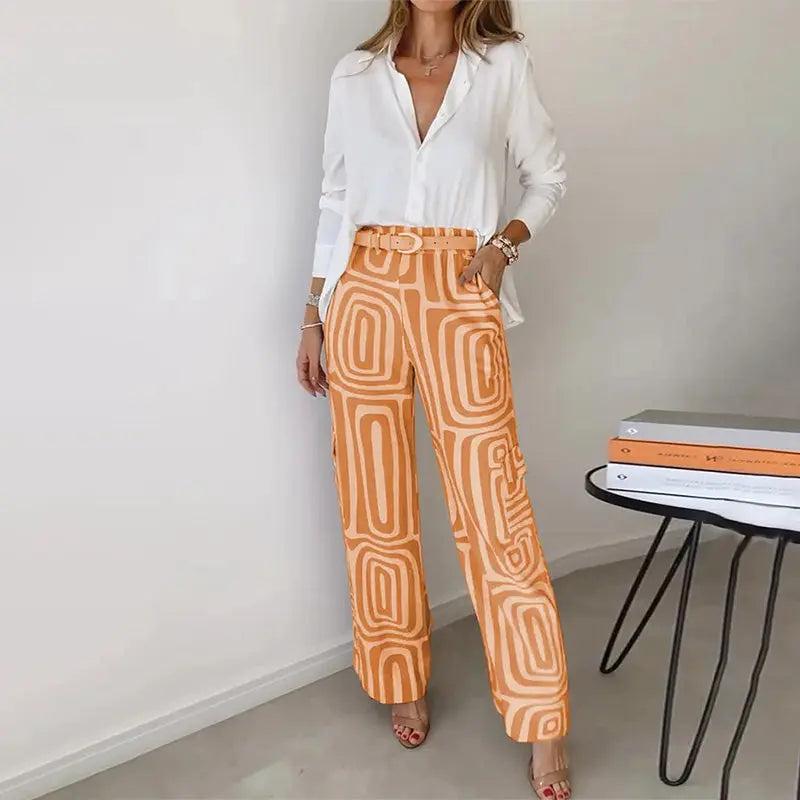 Women’s Two Piece Set – Shirt and Patterned Pants Matching Outfit Elegant Casual Set