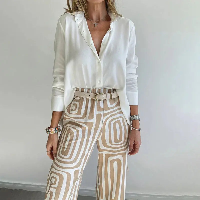 Women’s Two Piece Set – Shirt and Patterned Pants Matching Outfit Elegant Casual Set