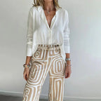 Women’s Two Piece Set – Shirt and Patterned Pants Matching Outfit Elegant Casual Set