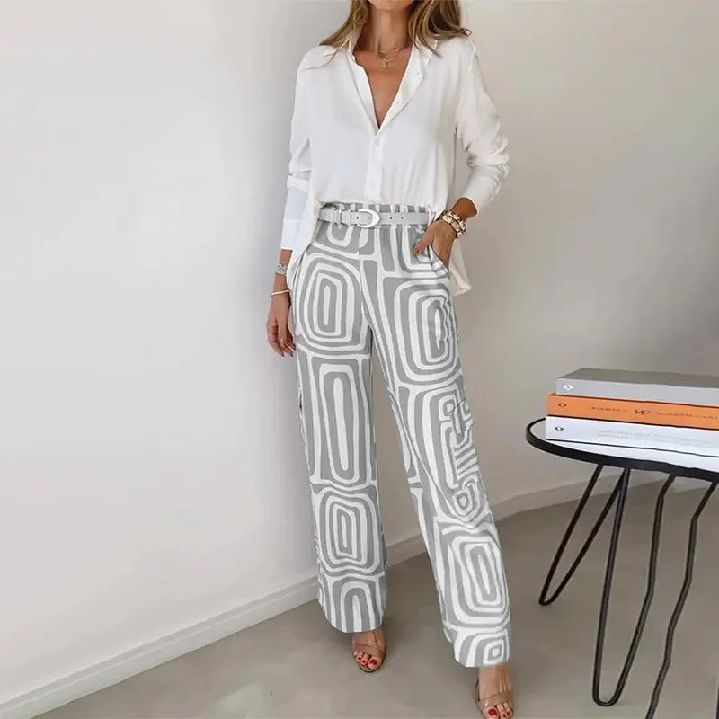 Women’s Two Piece Set – Shirt and Patterned Pants Matching Outfit Elegant Casual Set
