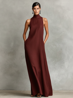 Women's Black Linen-Blend Maxi Dress With High Neck & Side Pockets, Timeless Minimalist Casual Dress MDZ2597D7LYL