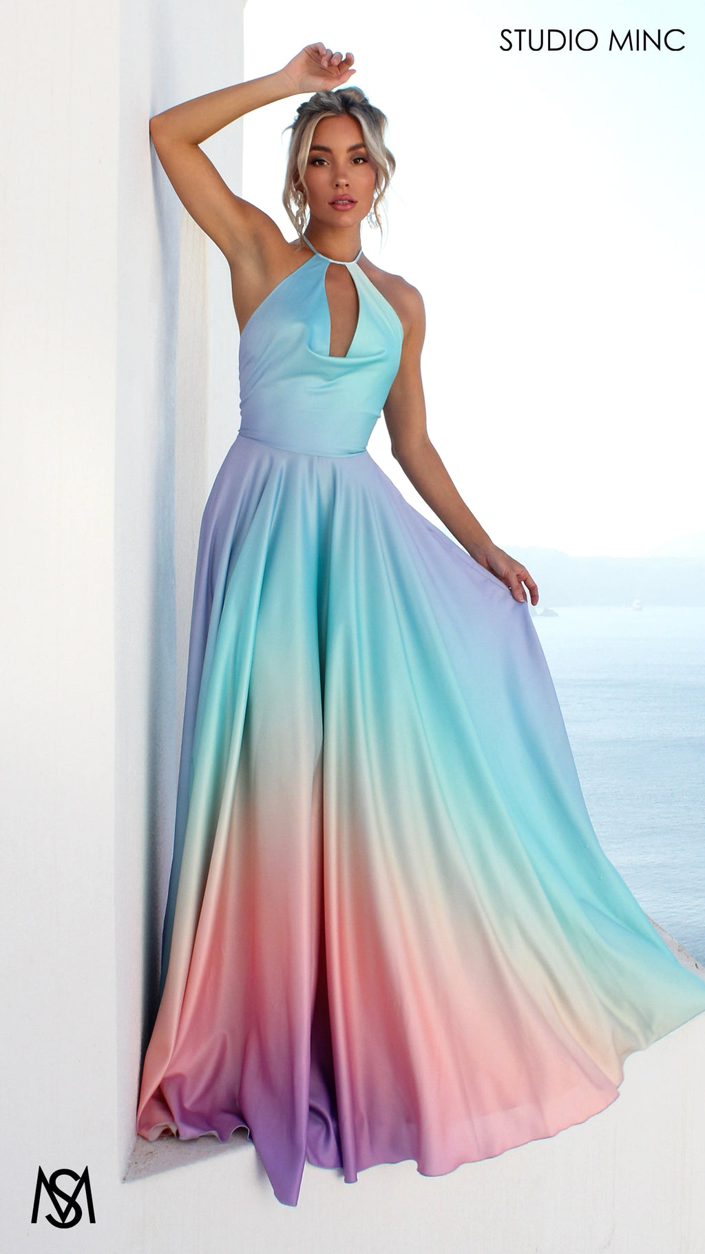 SUNSET BLUE - Blue Multi Colour Formal Dress, Satin High Neck Plunge & Backless