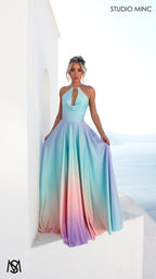 SUNSET BLUE - Blue Multi Colour Formal Dress, Satin High Neck Plunge & Backless