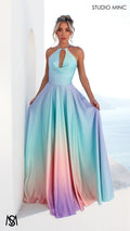 SUNSET BLUE - Blue Multi Colour Formal Dress, Satin High Neck Plunge & Backless