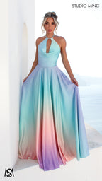 SUNSET BLUE - Blue Multi Colour Formal Dress, Satin High Neck Plunge & Backless