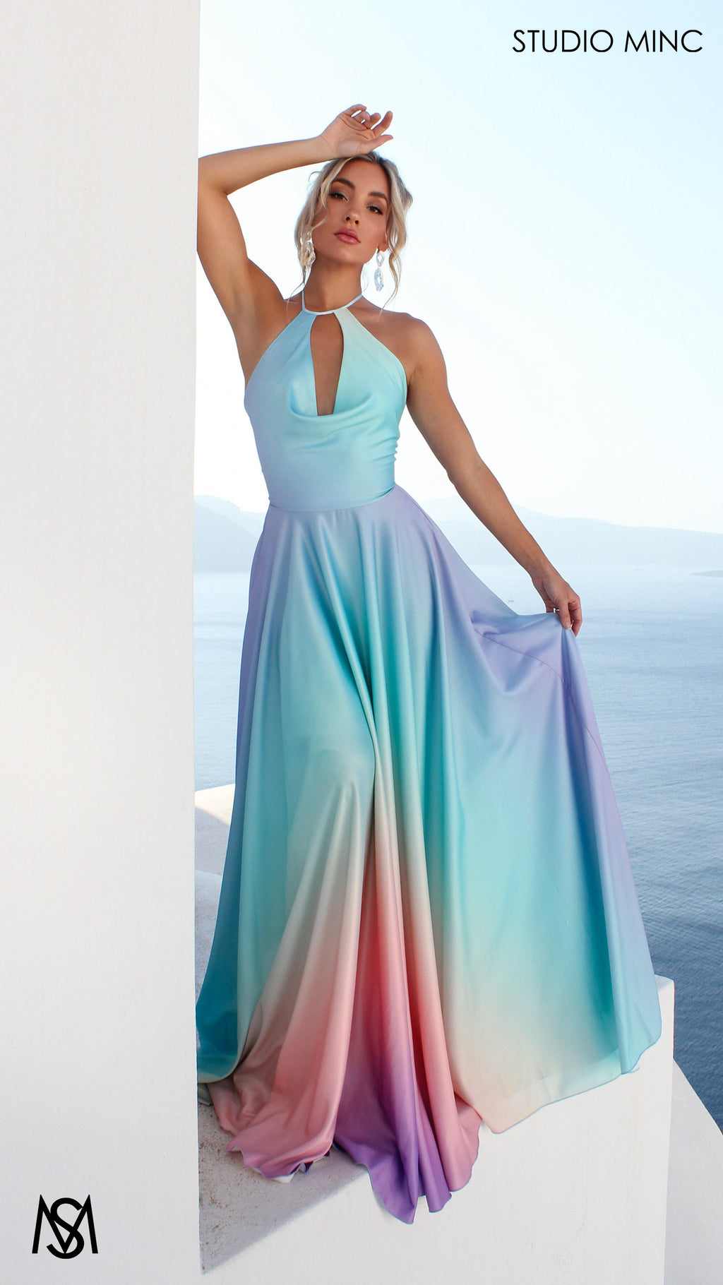 SUNSET BLUE - Blue Multi Colour Formal Dress, Satin High Neck Plunge & Backless