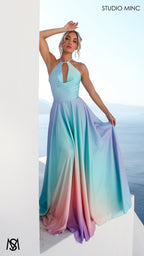 SUNSET BLUE - Blue Multi Colour Formal Dress, Satin High Neck Plunge & Backless