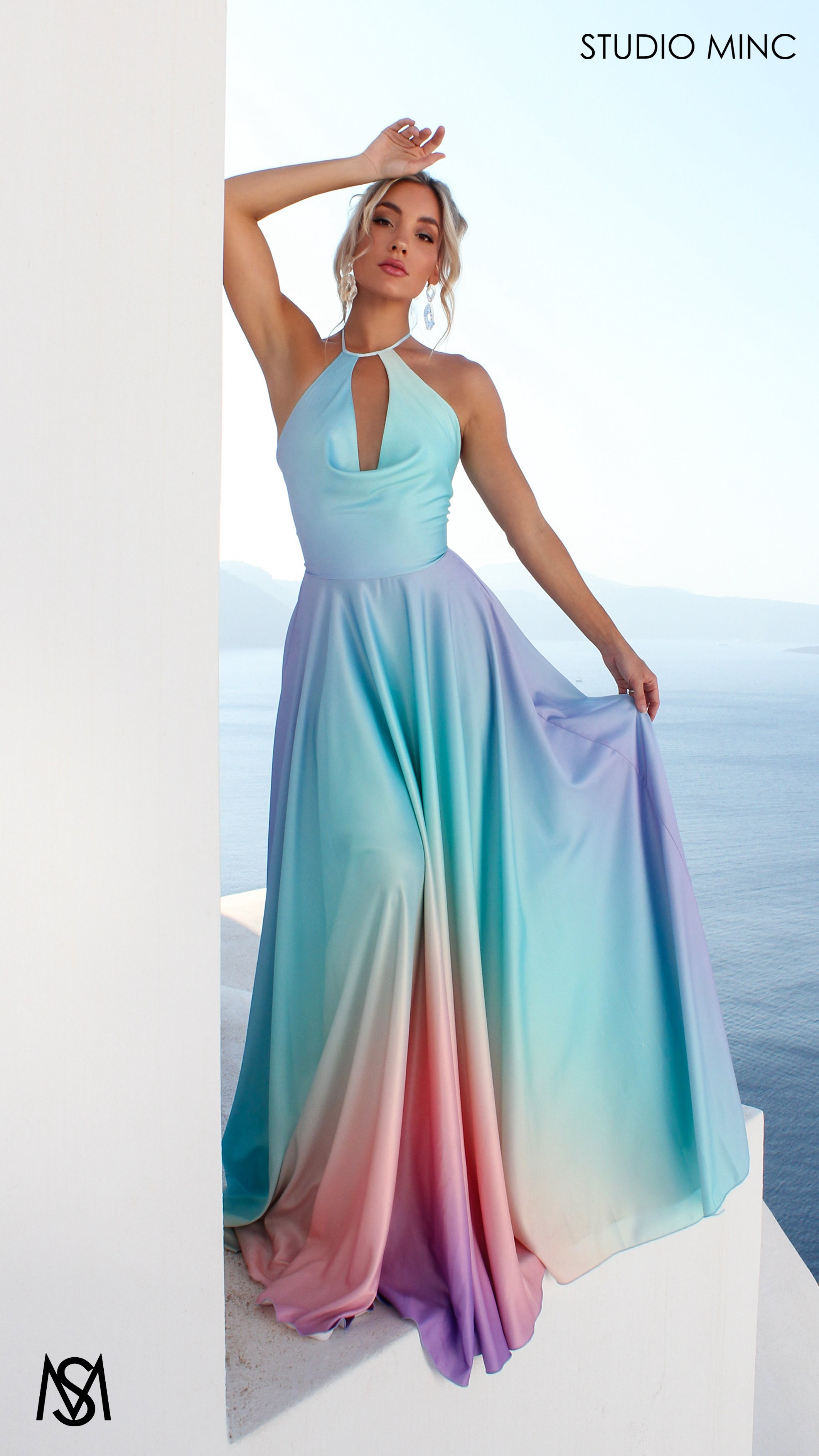 SUNSET BLUE - Blue Multi Colour Formal Dress, Satin High Neck Plunge & Backless
