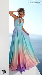SUNSET BLUE - Blue Multi Colour Formal Dress, Satin High Neck Plunge & Backless