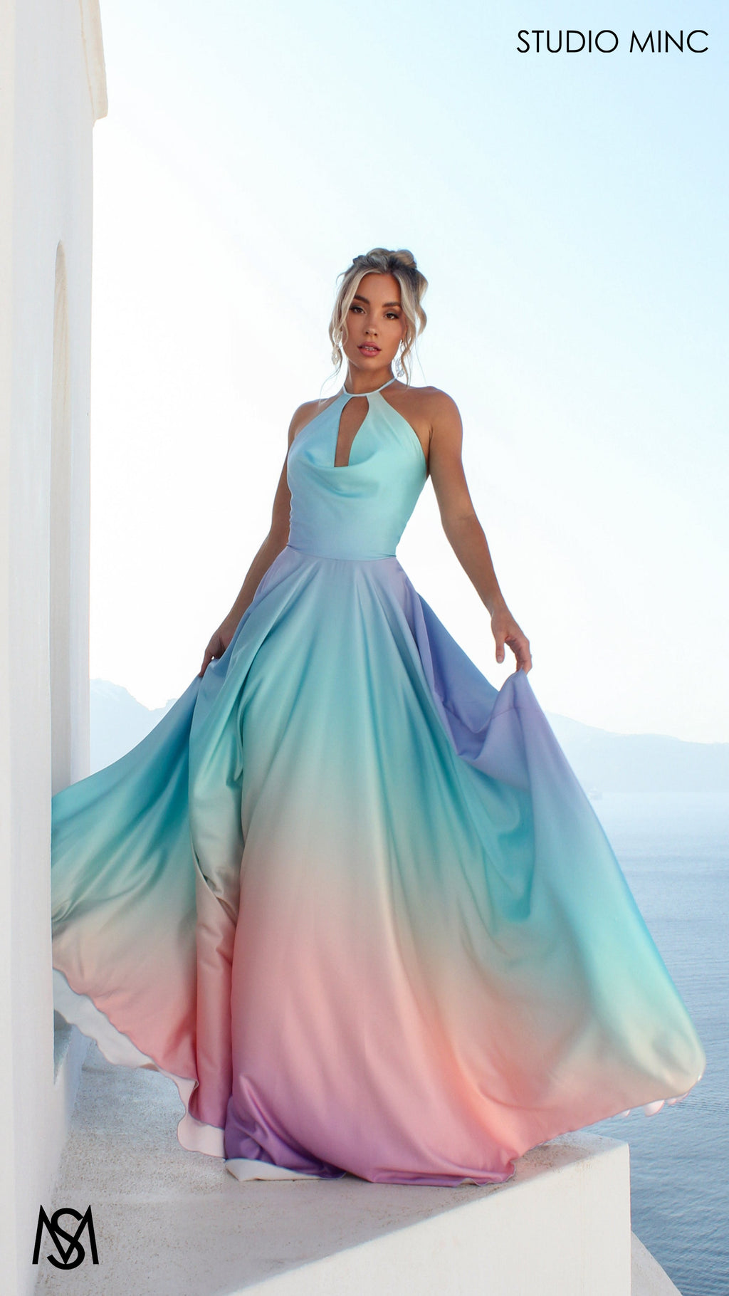 SUNSET BLUE - Blue Multi Colour Formal Dress, Satin High Neck Plunge & Backless