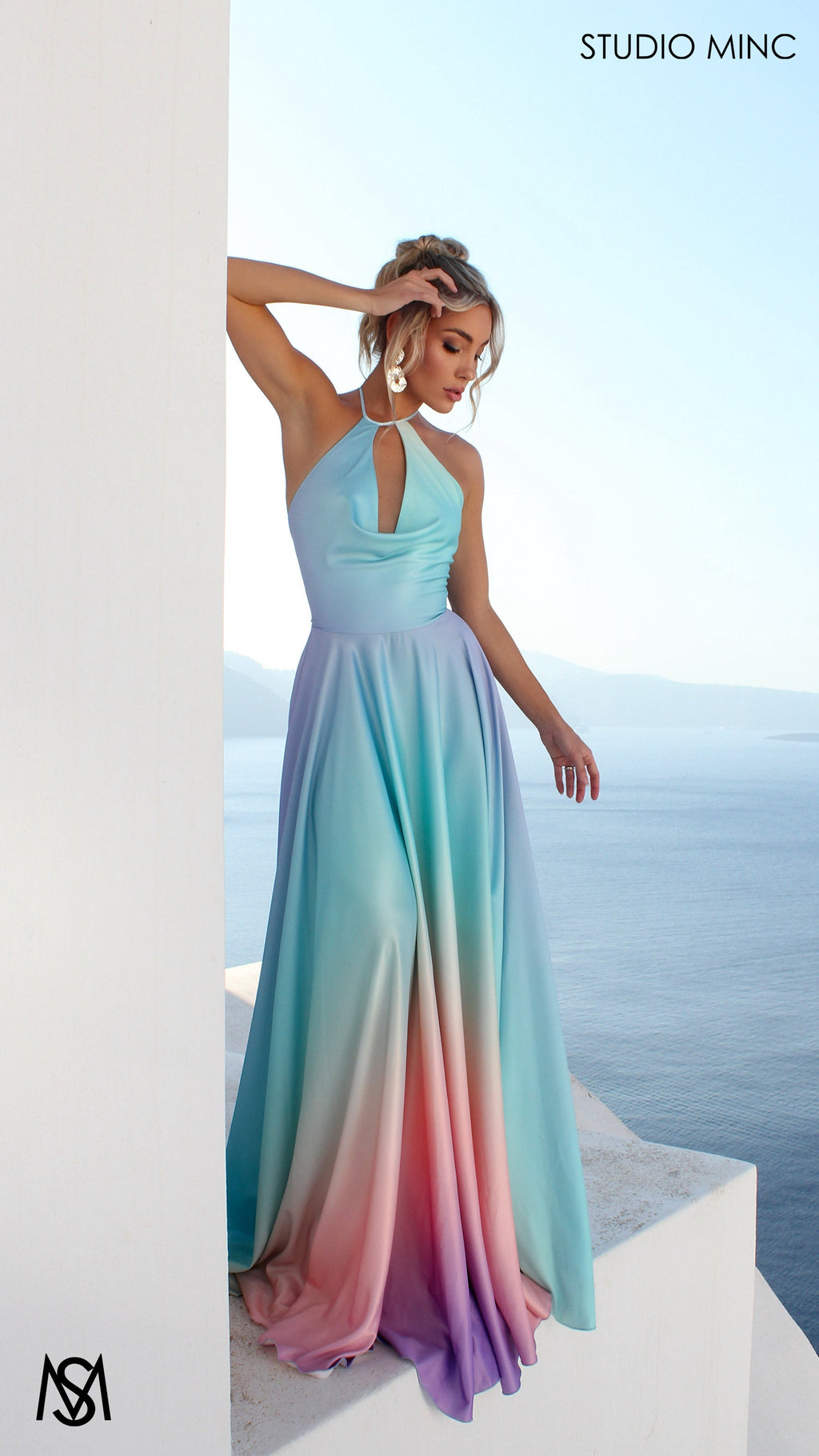 SUNSET BLUE - Blue Multi Colour Formal Dress, Satin High Neck Plunge & Backless
