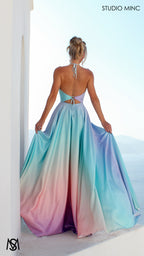 SUNSET BLUE - Blue Multi Colour Formal Dress, Satin High Neck Plunge & Backless