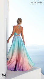 SUNSET BLUE - Blue Multi Colour Formal Dress, Satin High Neck Plunge & Backless