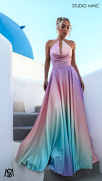 SUNSET PINK - Multi Colour pink Formal Dress, Satin High Neck Plunge & Backless