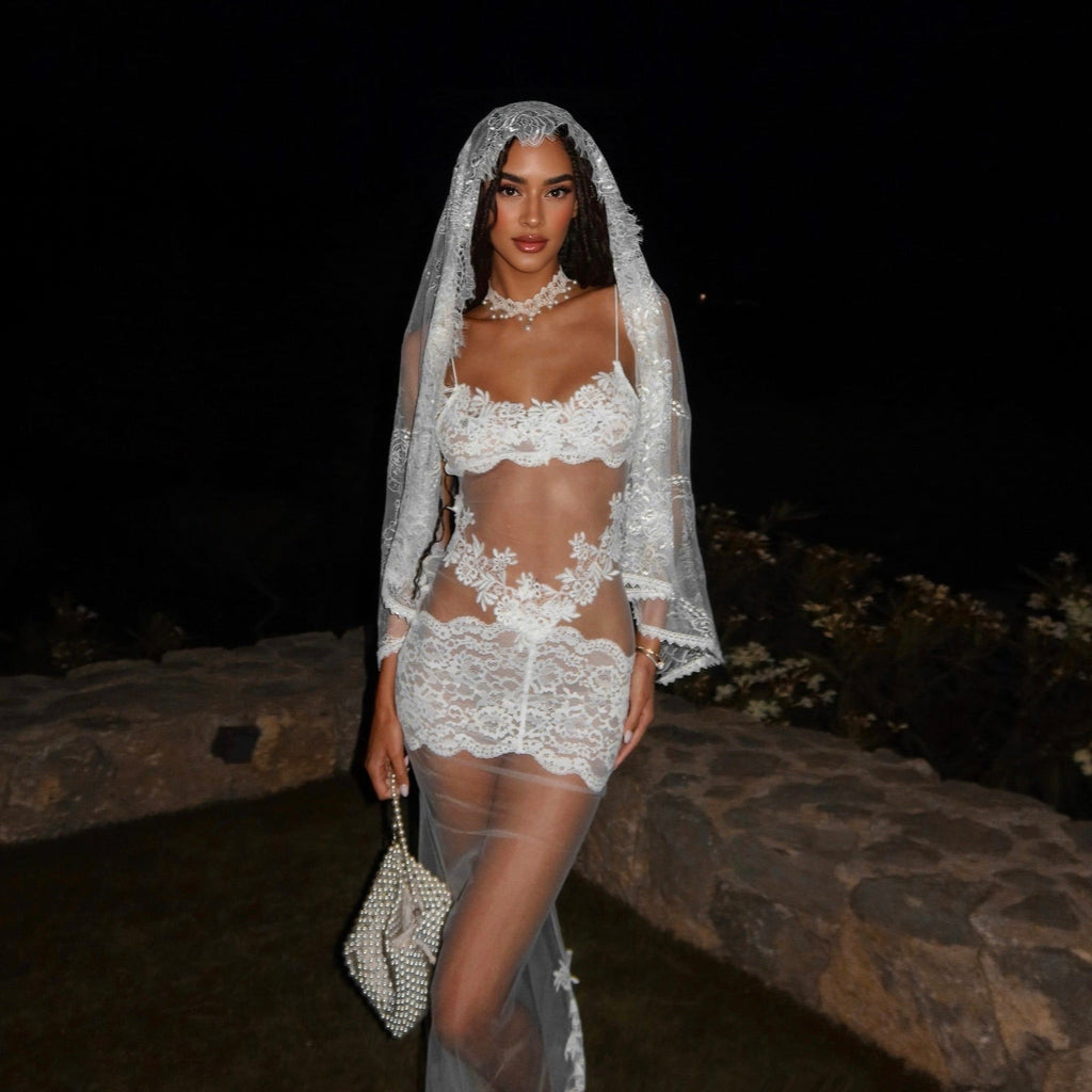 Te Amo Lace Mesh White Maxi Dress