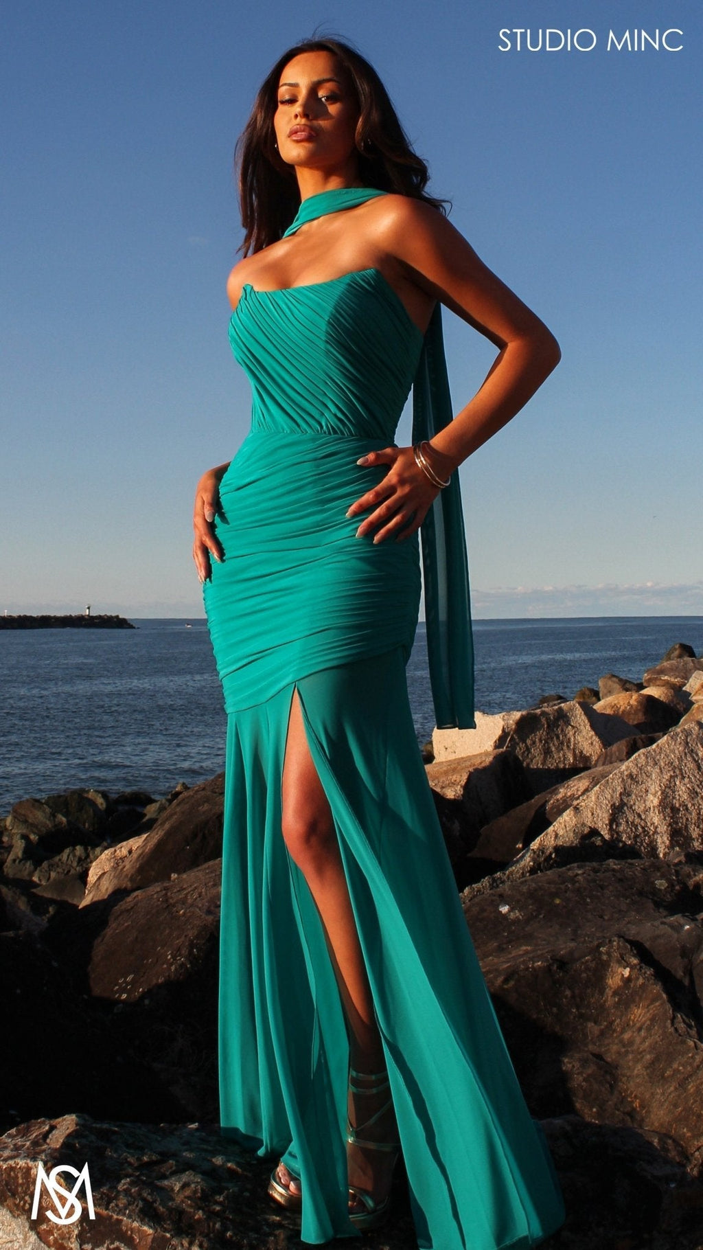 Paloma - Teal Formal Dress, Strapless Corset mermaid, Sheer net, with Scarf