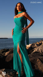 Paloma - Teal Formal Dress, Strapless Corset mermaid, Sheer net, with Scarf