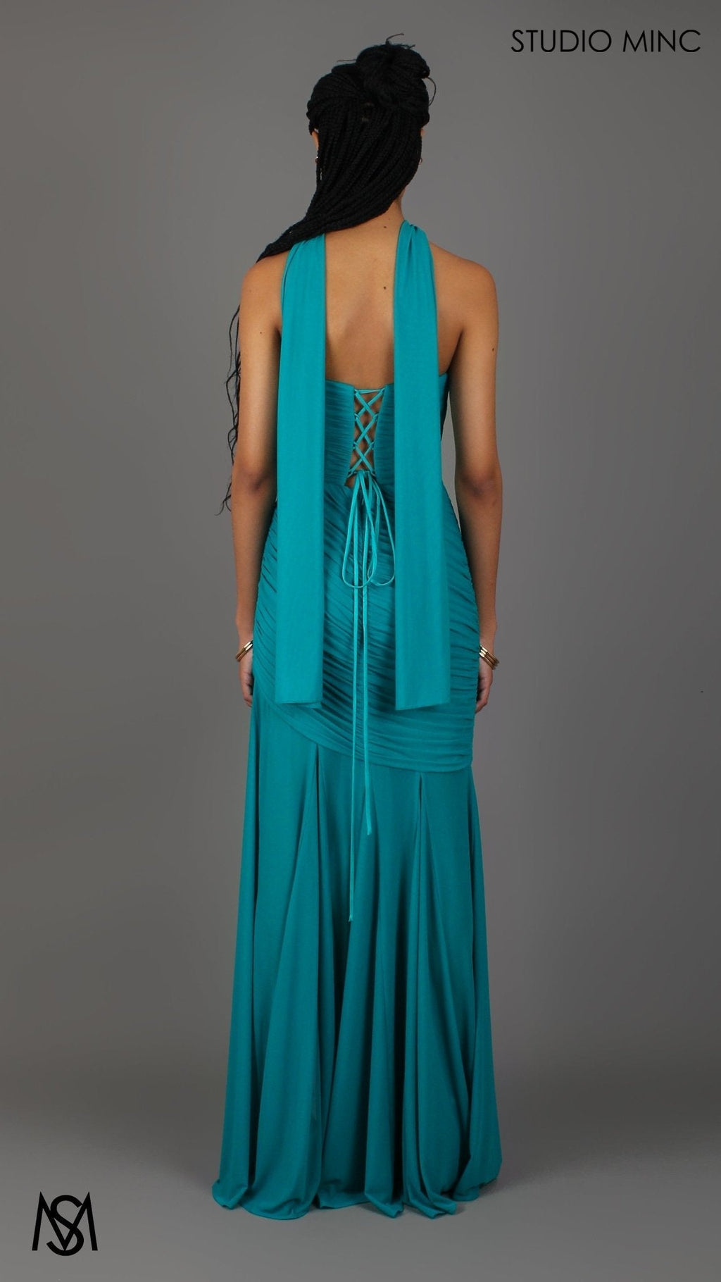 Paloma - Teal Formal Dress, Strapless Corset mermaid, Sheer net, with Scarf