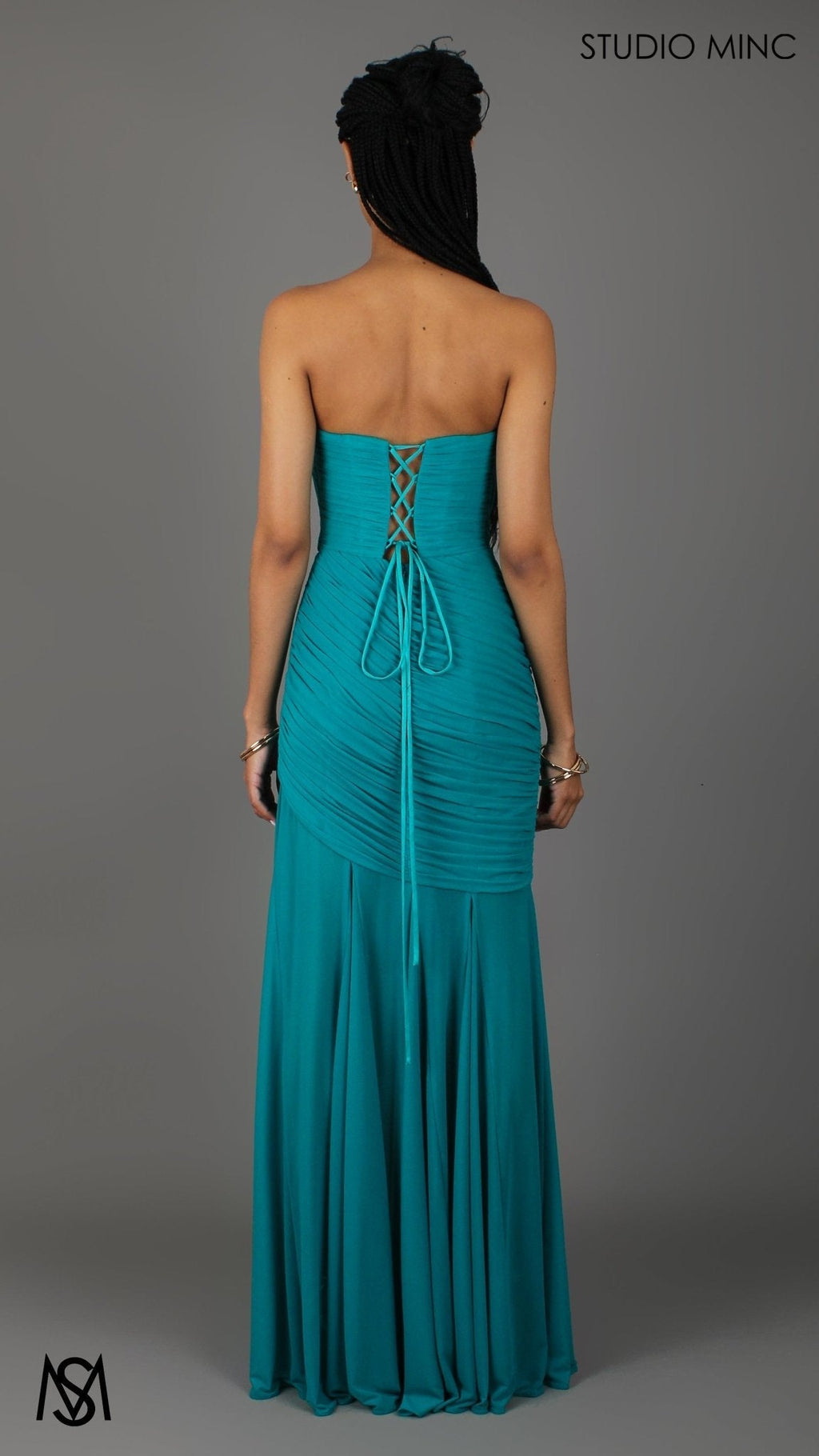 Paloma - Teal Formal Dress, Strapless Corset mermaid, Sheer net, with Scarf