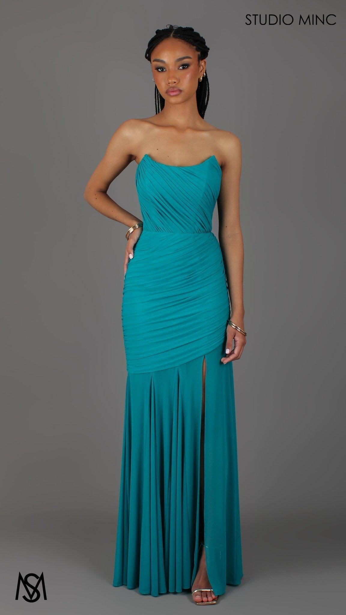 Paloma - Teal Formal Dress, Strapless Corset mermaid, Sheer net, with Scarf