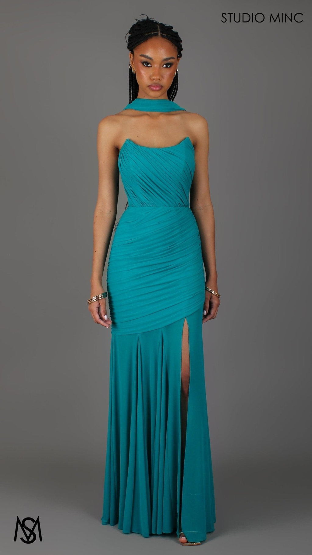Paloma - Teal Formal Dress, Strapless Corset mermaid, Sheer net, with Scarf