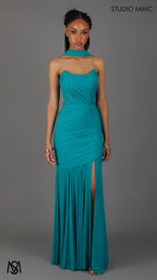 Paloma - Teal Formal Dress, Strapless Corset mermaid, Sheer net, with Scarf