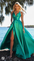 Riviera - Teal Green formal dress | V Plunge neckline, backless Satin Gown with Pockets and leg slit