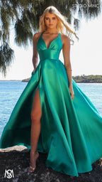 Riviera - Teal Green formal dress | V Plunge neckline, backless Satin Gown with Pockets and leg slit