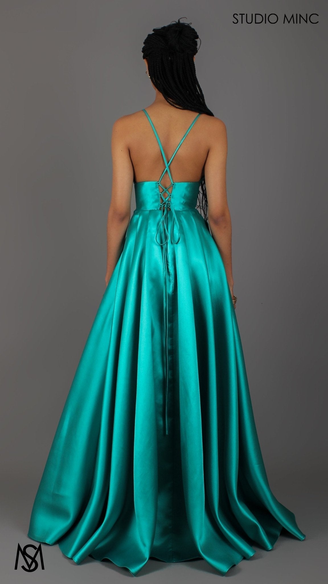 Riviera - Teal Green formal dress | V Plunge neckline, backless Satin Gown with Pockets and leg slit