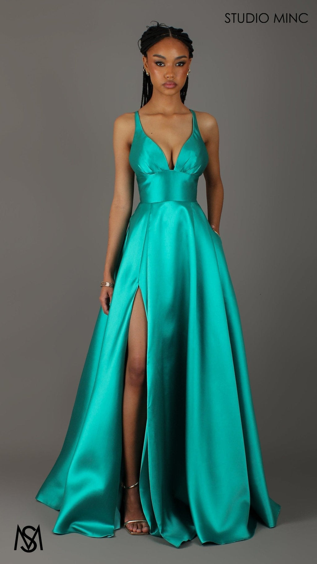 Riviera - Teal Green formal dress | V Plunge neckline, backless Satin Gown with Pockets and leg slit