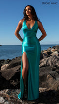 Sicily - Teal Formal Dress, Satin V Plunge neckline Cowl fitted backless leg slit