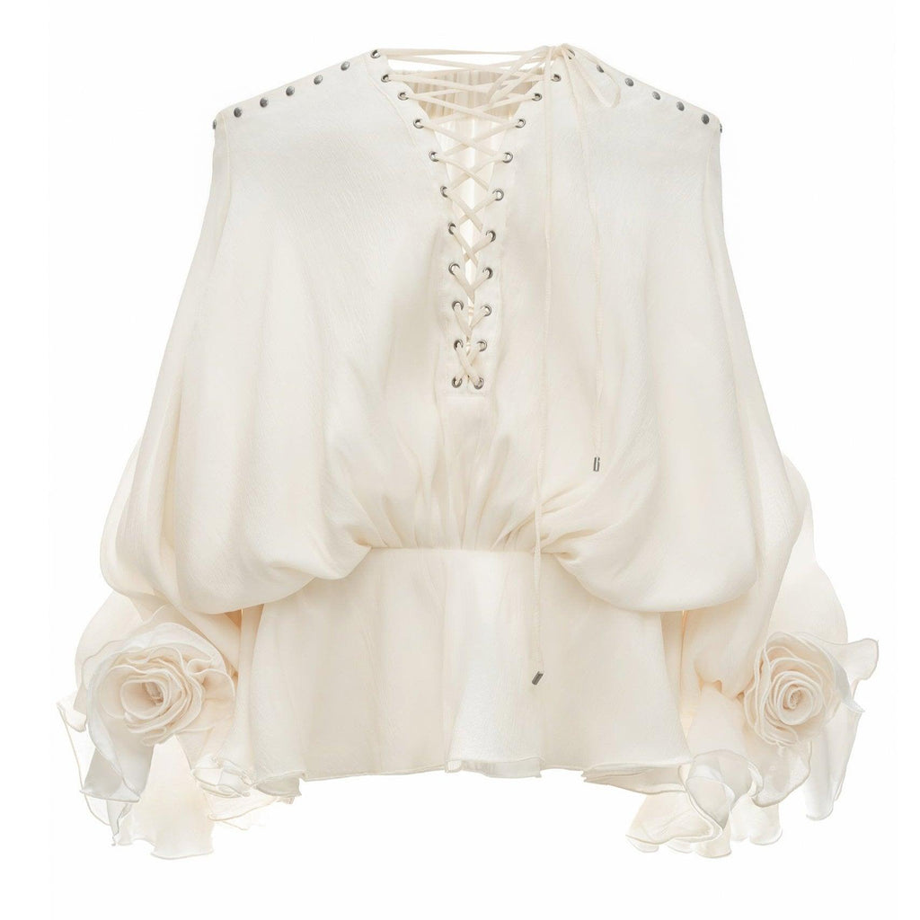 Tiffany Off Shoulder Lace Up Ivory Mini Dress