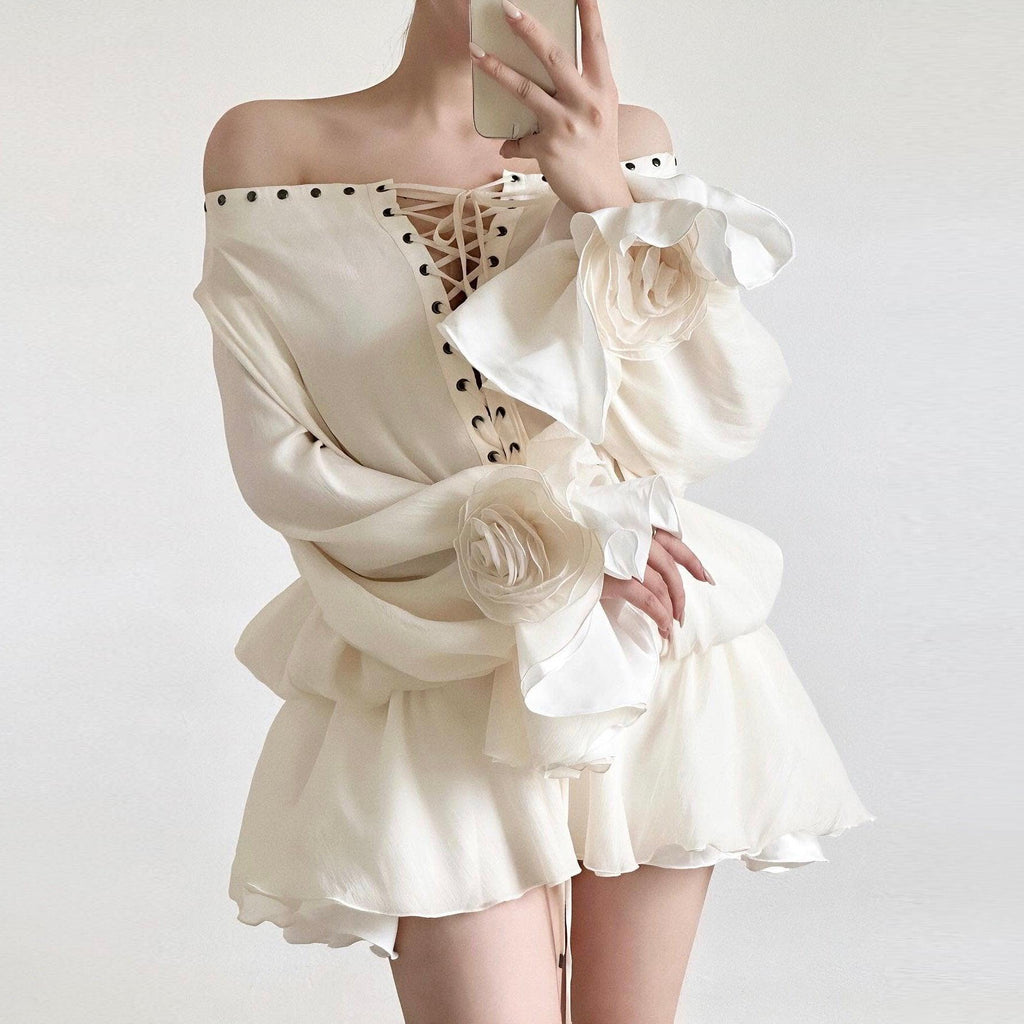 Tiffany Off Shoulder Lace Up Ivory Mini Dress