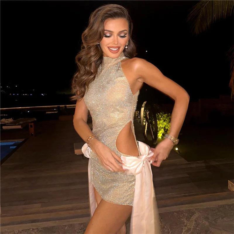Tonight's Mystery Bow Cut Out Glitter Mini Dress